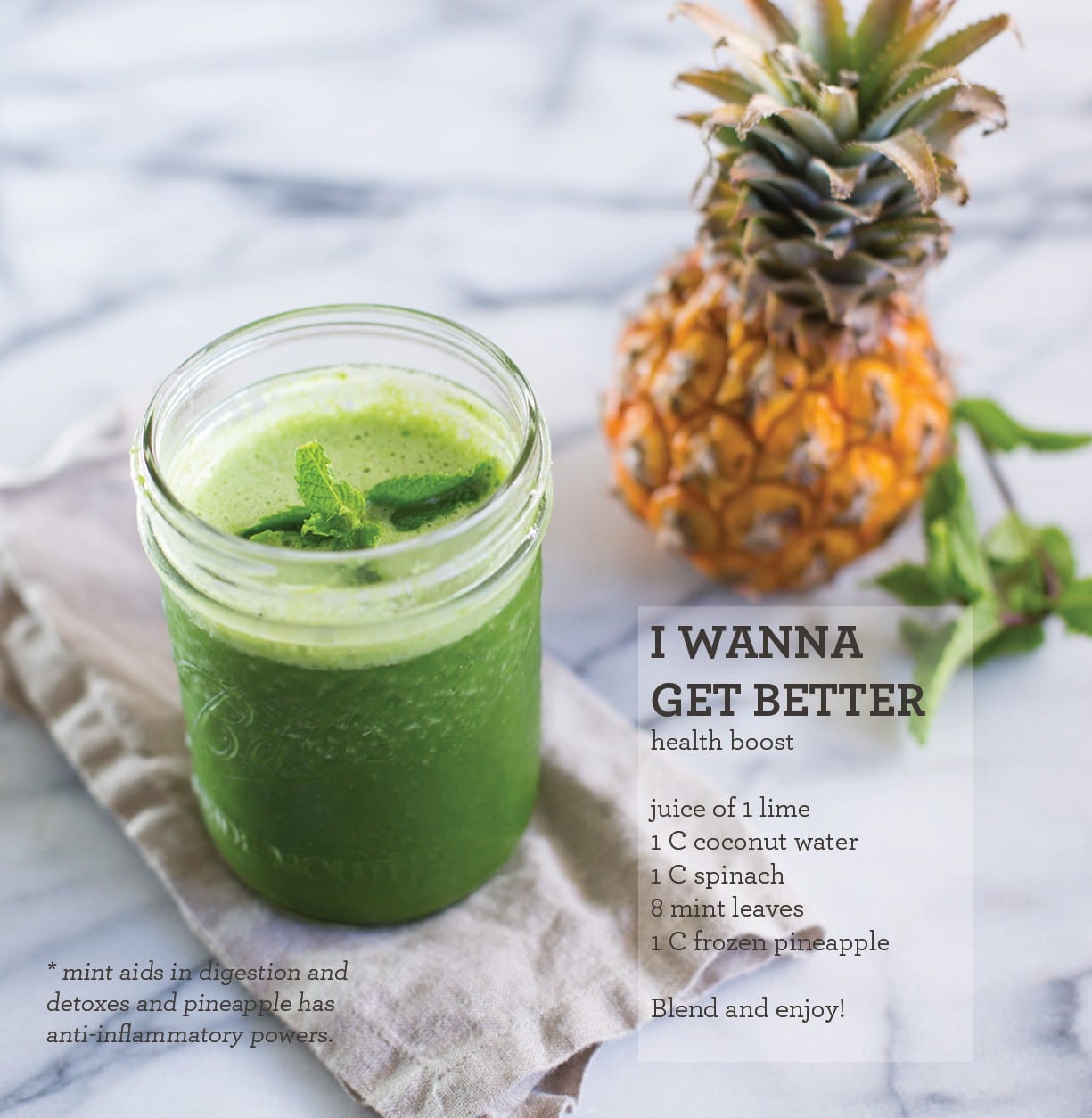 Throat feeling funny? Got the sniffles? Blend up our I wanna get better smoothie up and let its detoxifying, anti-inflammatory and antioxidant ingredients do their magic. 